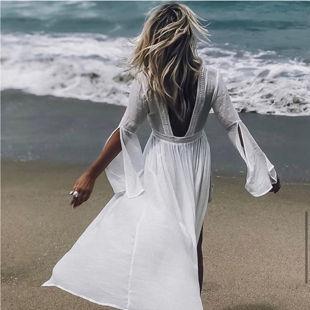 New Boho Flowy Mesh Lace Tie Maxi Kimono Dress Duster Jacket Robe Swim Cover Up - Picture 3 of 16
